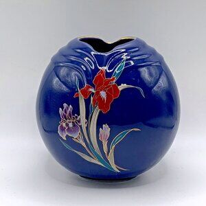 Vintage Blue Ribbed Vase Iris Floral Motif Made in Japan Fine China 4.75" tall